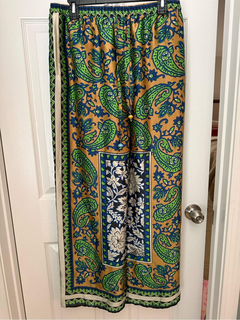 Zara Gold, Blue and Green Paisley Elastic-Waist pants